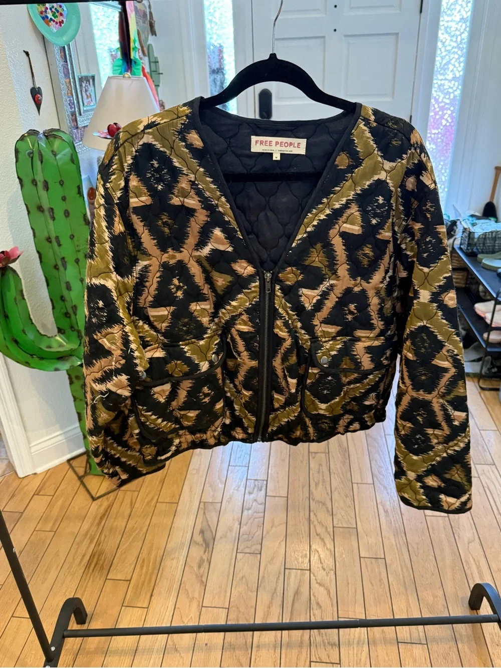 Free People Black & Olive Quilted Pattern Bomber Jacket